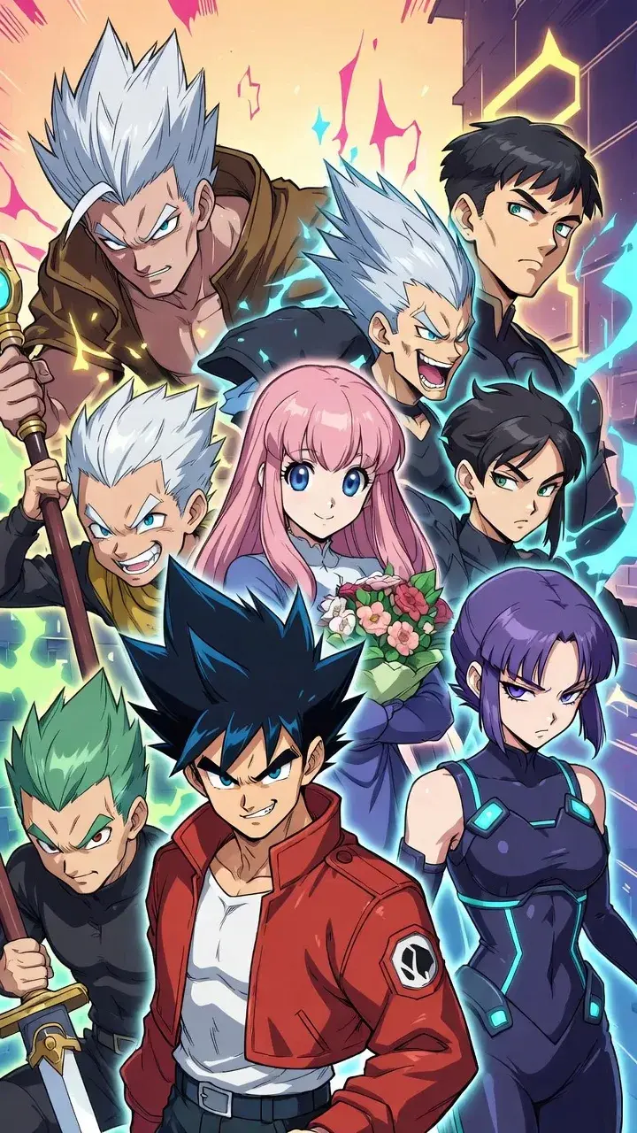 Groupe de personnages d'animé japonais réunis en illustration couleur