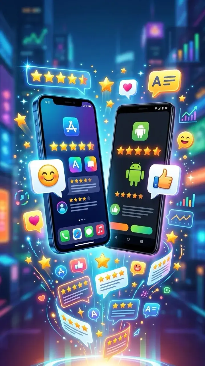 Deux téléphones entourés d'icônes de notes et de commentaires