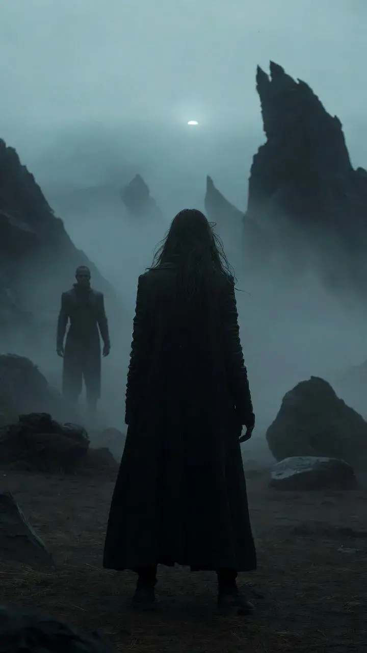 Silhouette de dos face à des rochers dans la brume, ambiance de film