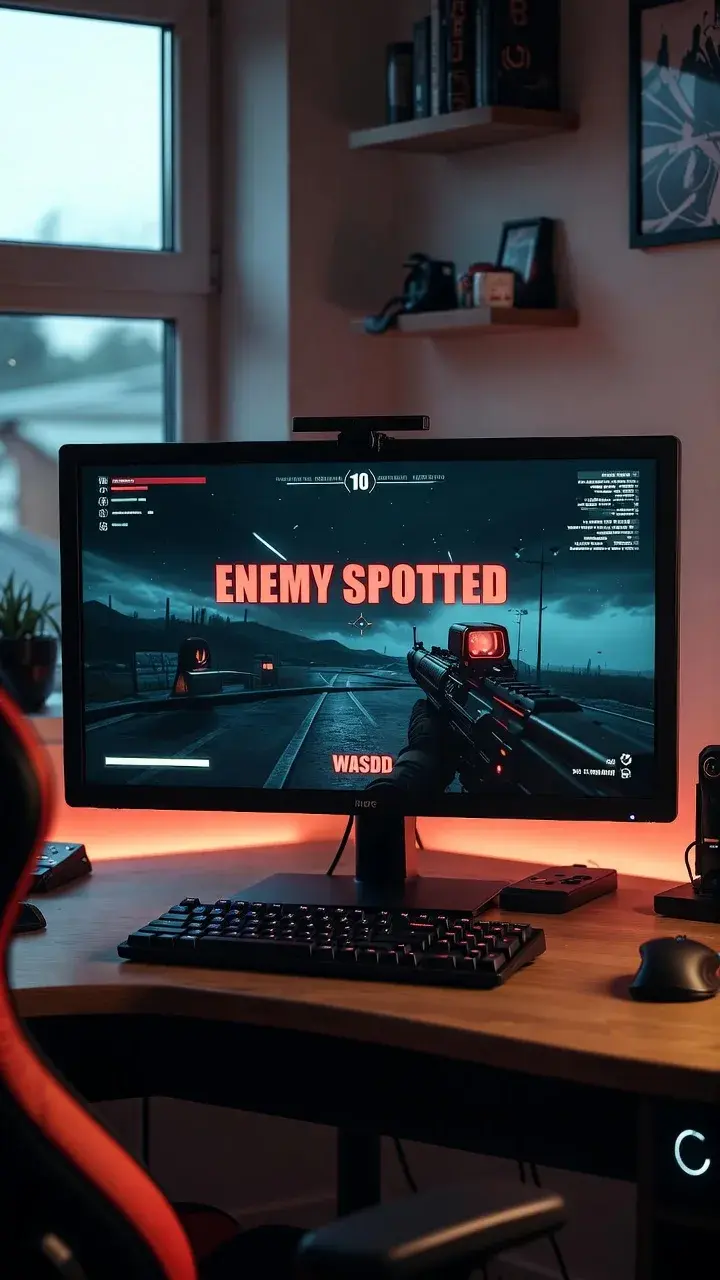 Poste de jeu vidéo éclairé en rouge, écran affichant une partie en cours