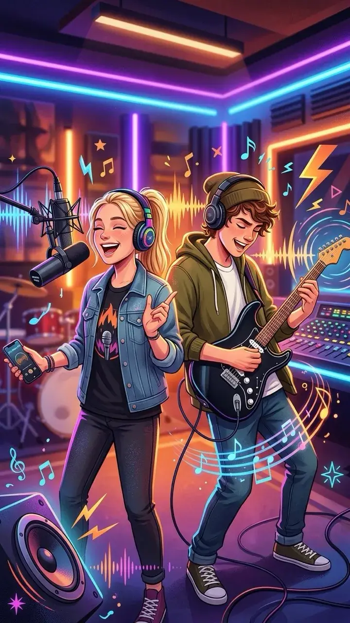 Deux musiciens dans un studio éclairé au néon, illustration couleur